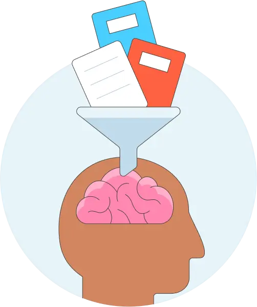 Figurative image of knowledge in the form of books being funnelled into a human brain