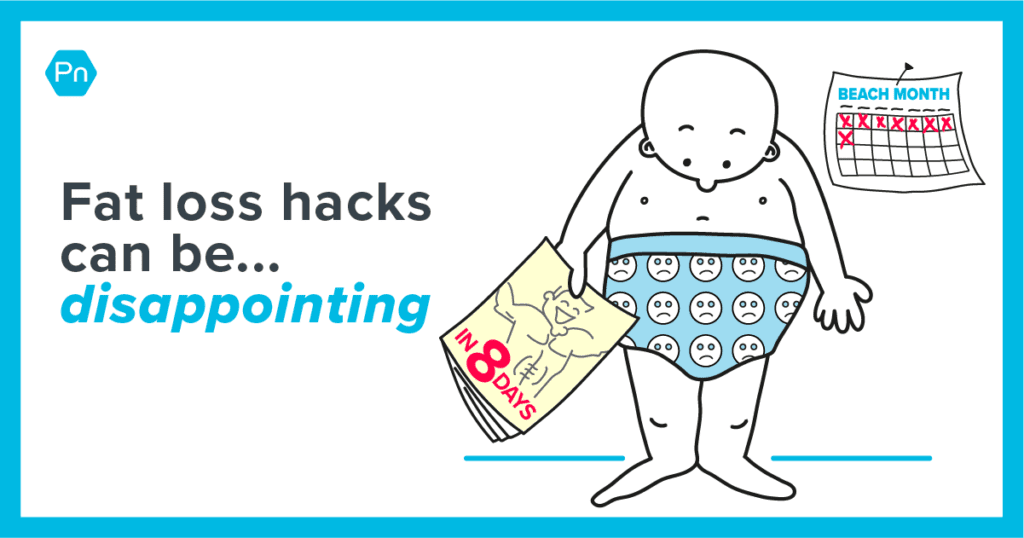 Disappointed man wearing swim trunks holding a fitness magazine.