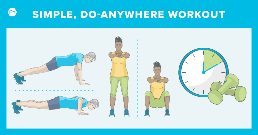 Two people doing pushups and air squats, plus a clock with dumbbells stacked on top of one another.